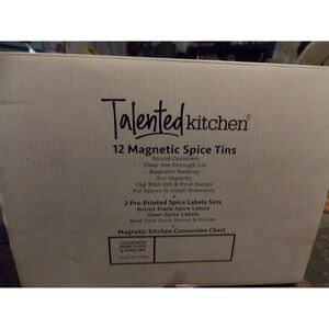 12 Pack 3 oz Magnetic Spice Tins. 2 Pre Printed Spice Label Sets. Round Canister
